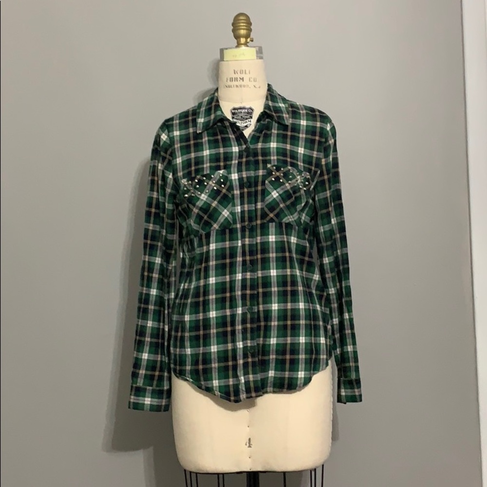 Forever 21 green plaid button up with accents M